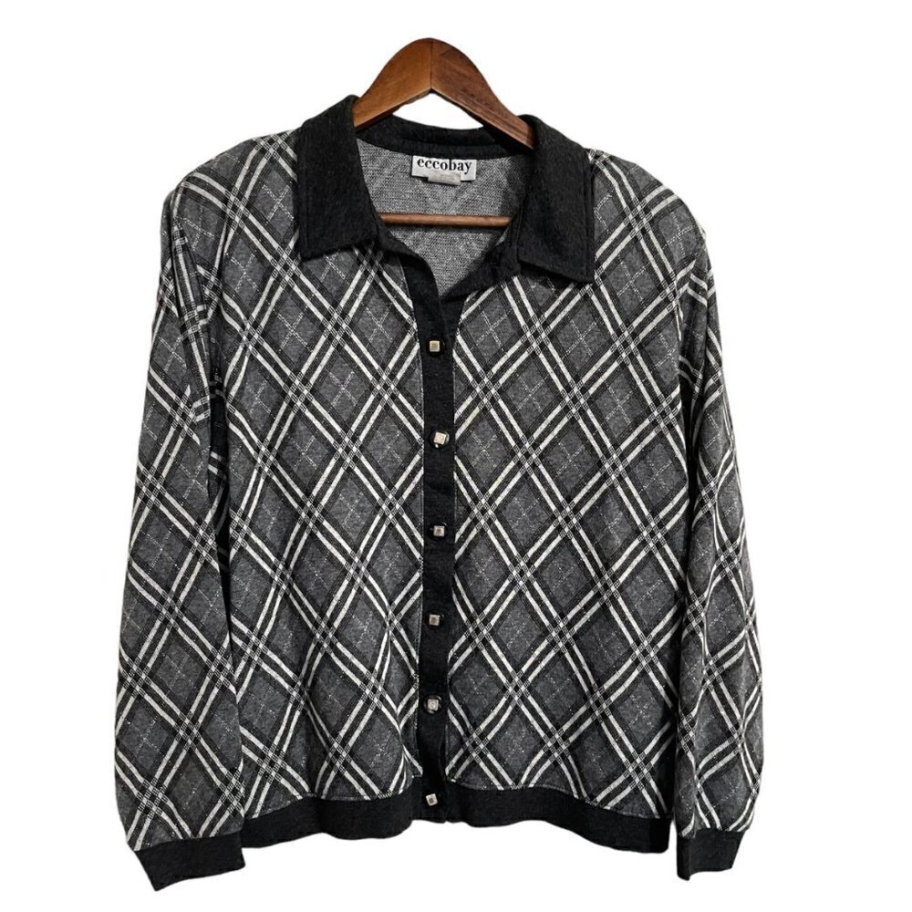 Vintage Womens Gray Black Plaid Metallic Button Academia Cardigan Sweater Large